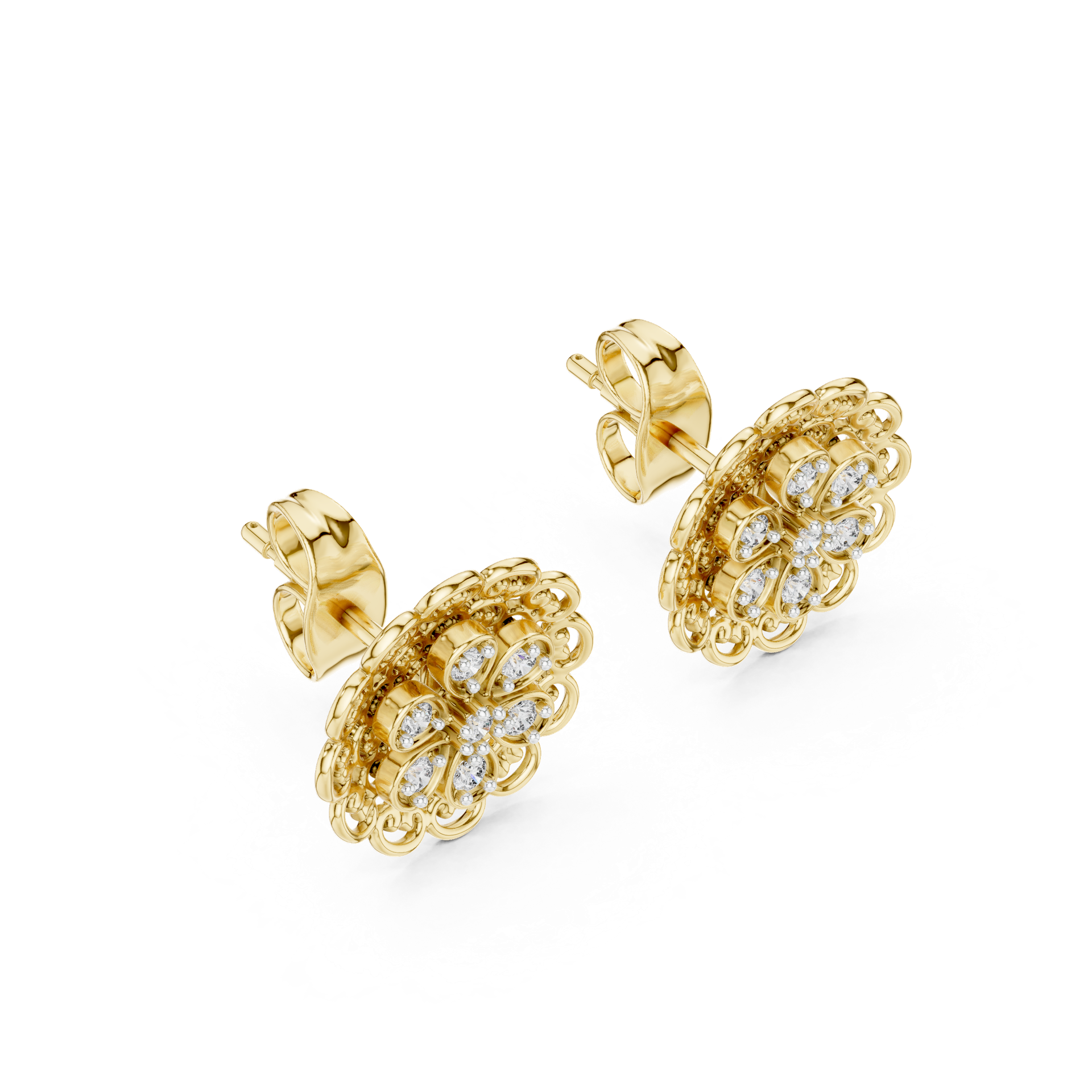 Natural Diamond Floral Earrings | 11.20 mm Gold Designer Studs | Fine Luxury Jewelry | THE DIAMOWN view 3