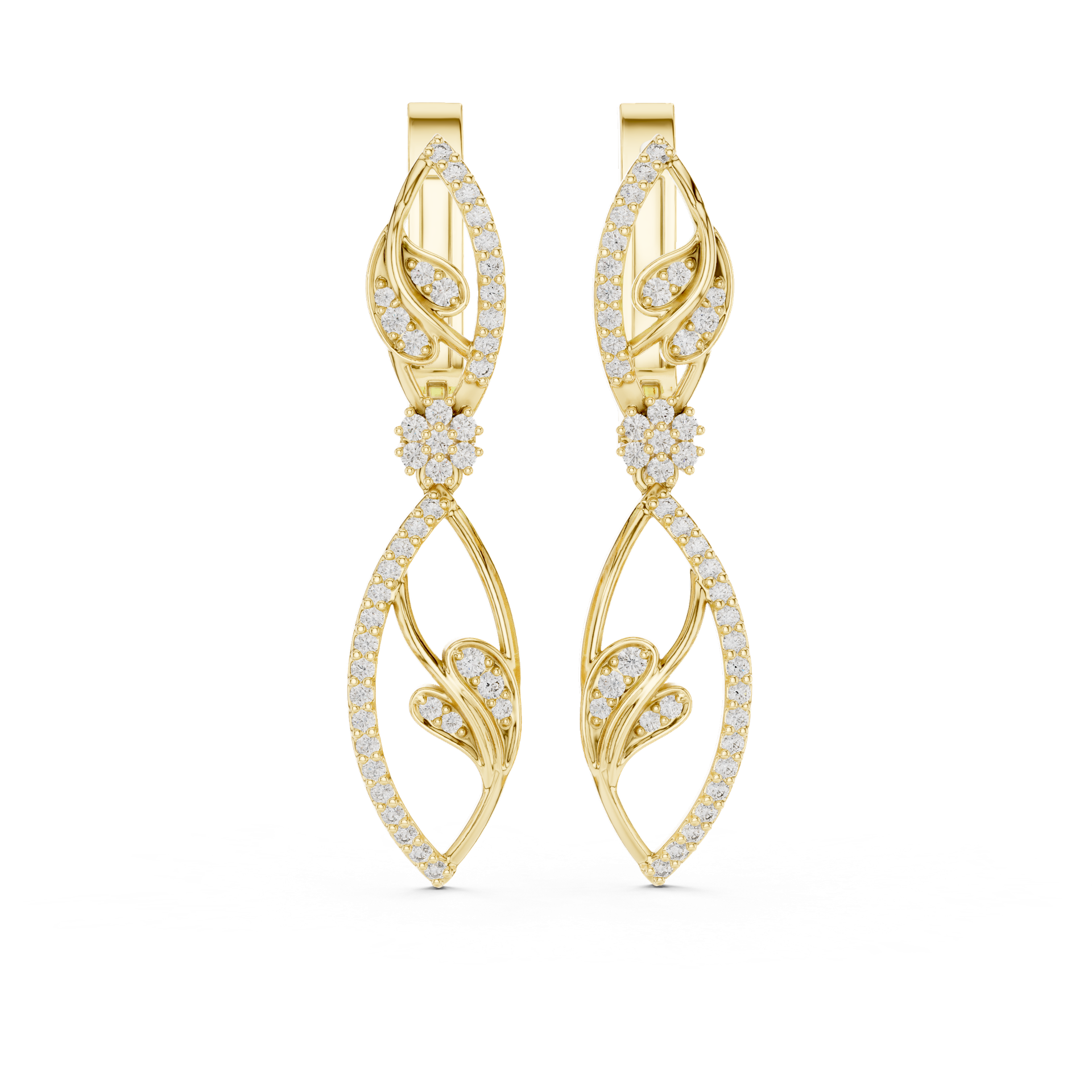 Floral‑Leaf Drop Diamond Earrings – Luxury Gold, Silver & Platinum view 2
