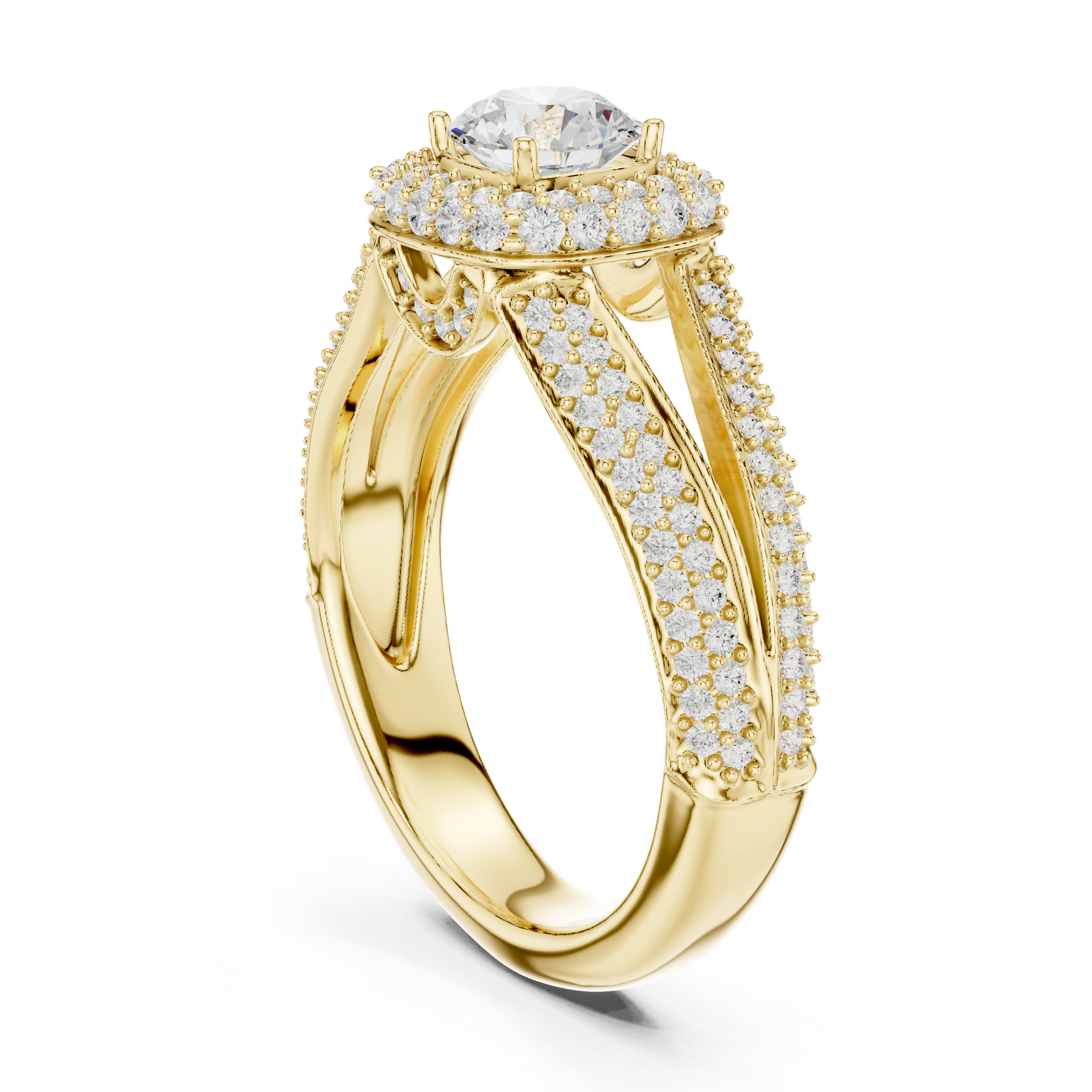 Diamond Split‑Shank Halo Ring | Round‑Cut Center with Multi‑Row Pavé Band | Natural & Lab‑Grown Options | THE DIAMOWN