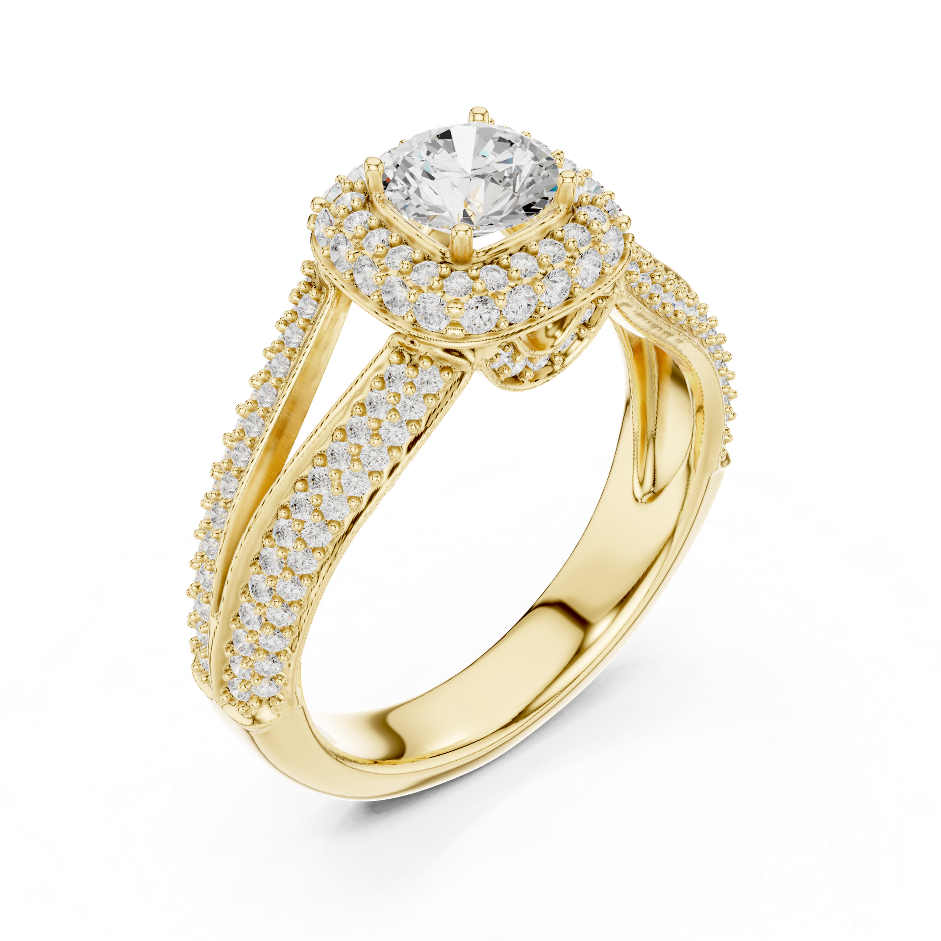 Diamond Split‑Shank Halo Ring | Round‑Cut Center with Multi‑Row Pavé Band | Natural & Lab‑Grown Options | THE DIAMOWN view 3