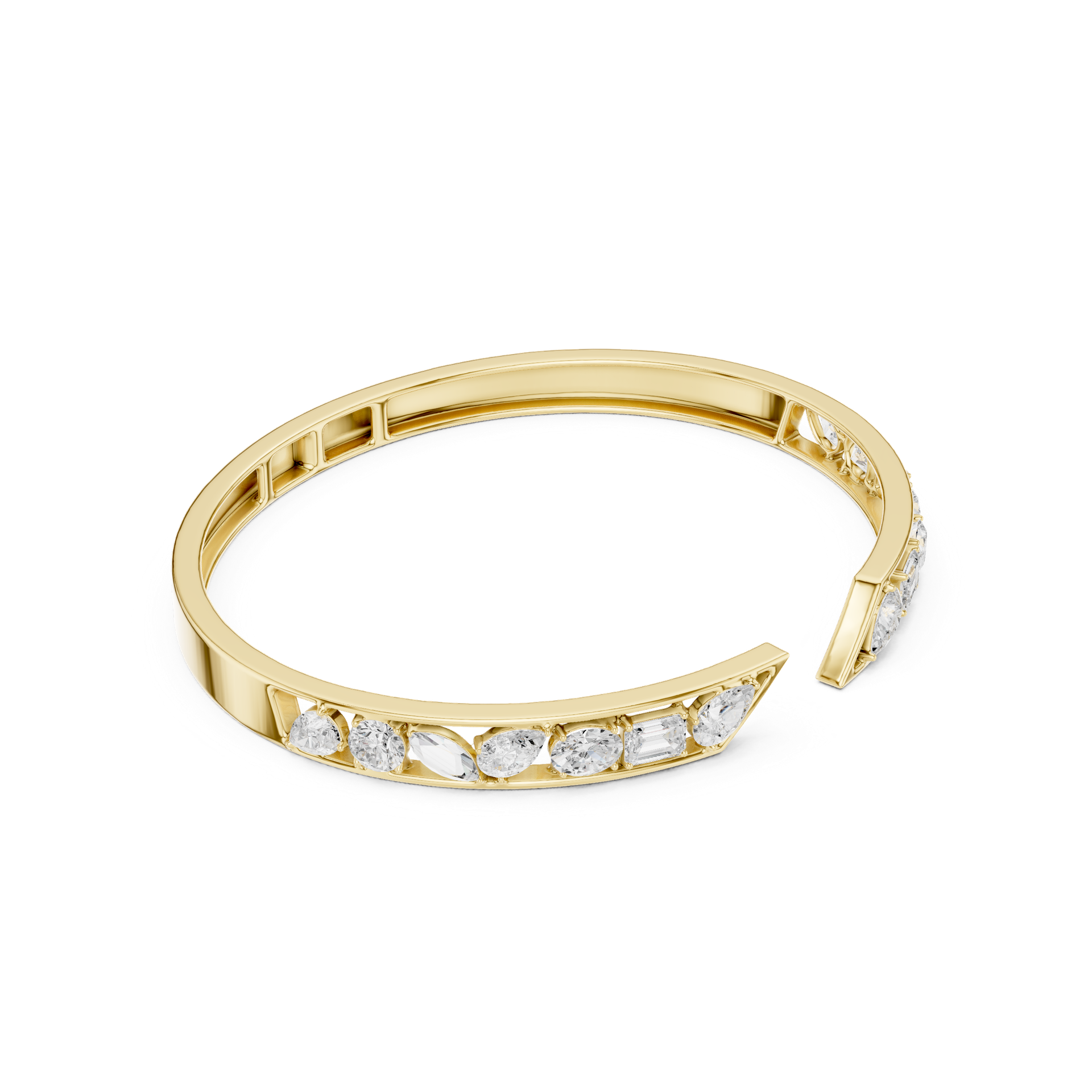Round, Marquise, Emerald & Pear Diamond Open‑End Bracelet | Modern Gold Diamond Bangle | Fine Luxury Jewelry | THE DIAMOWN