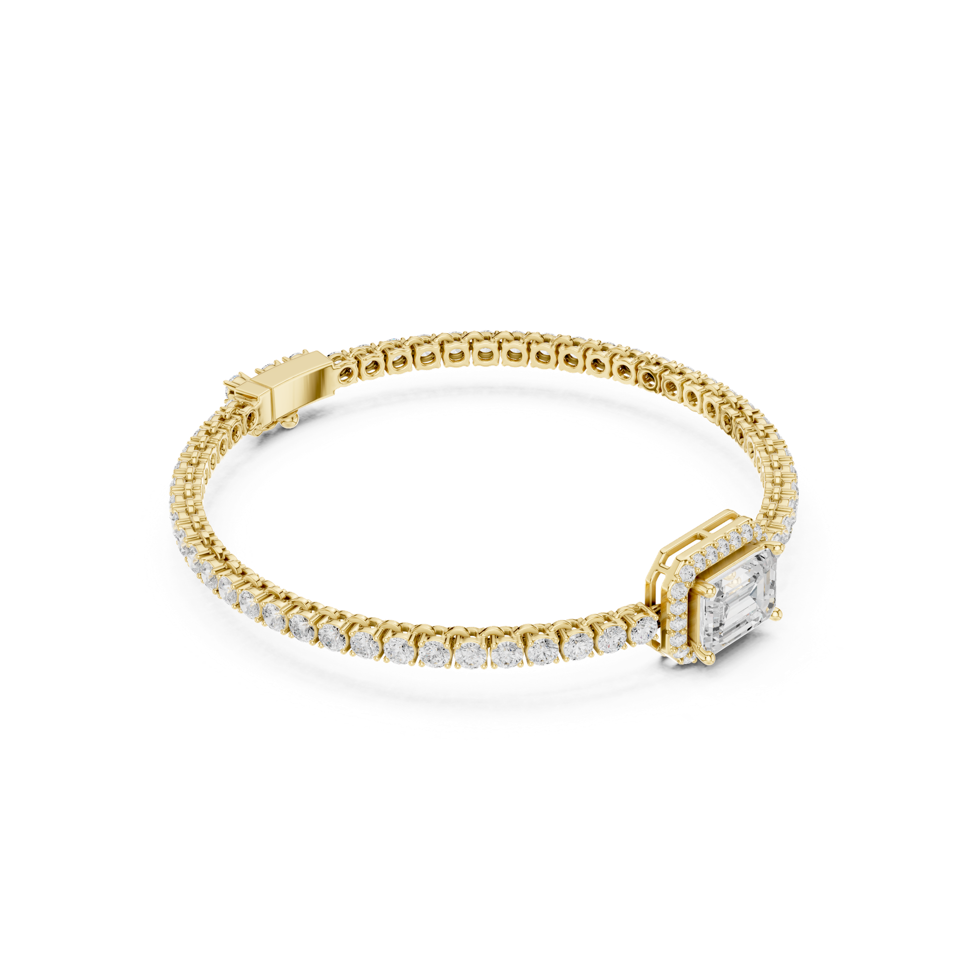 Emerald‑Cut Diamond Halo Centerpiece Bracelet | Luxury Diamond Line Bangle | Fine Gold Jewelry | THE DIAMOWN